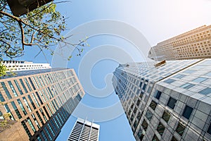 Modern business skyscrapers, high-rise buildings, architecture raising to the sky, sun. Concepts of financial, economics, future