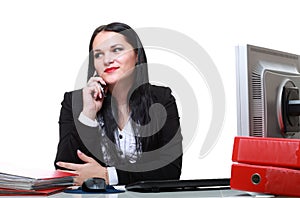 Modern business woman talking phone sitting at office desk