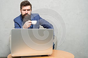 Modern businessman. Businessman work laptop. Responding business email. Surfing internet. Project manager. Digital