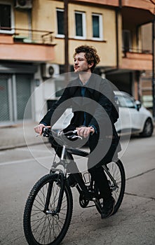 Modern businessman commuting to work on a bicycle in the city