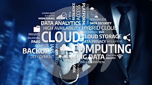 Modern Businessman Concept of Cloud Computing with Data Analytics and Data Security Visuals in Digital Environment