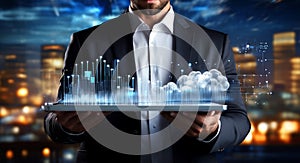 Futuristic Businessman Presenting Cloud Computing Solution