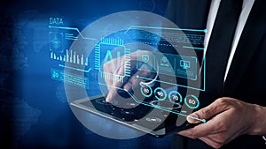 Modern Businessman Using Tablet to Interact with Artificial Intelligence Interface Displaying Data Analytics and Digital
