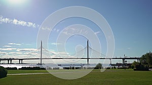 Modern cable-stayed bridge. A road across a river or sea. WHSD in St. Petersburg