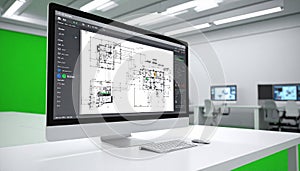 Modern CAD Workstation with Architectural Blueprint