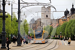 Modern CAF Urbos tram in Debrecen, Hungary.