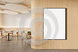 Modern cafe interior with chairs and table, dining area with sofa. Mockup frame