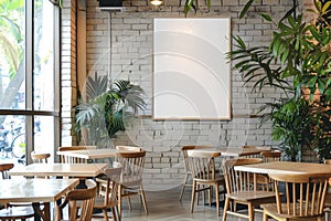 Modern Cafe Interior with Empty Frames on White Brick Wall