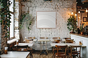 Modern Cafe Interior with Empty Frames on White Brick Wall