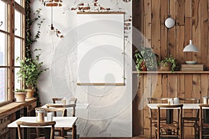 Modern Cafe Interior with Empty Frames on White Brick Wall