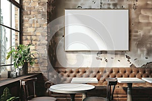 Modern Cafe Interior with Empty Frames on White Brick Wall