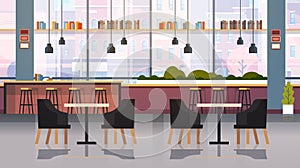 Modern cafe interior empty no people restaurant with furniture coffee point concept fat horizontal