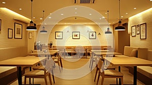 Modern Restaurant Interior Empty Tables and Stylish Lighting