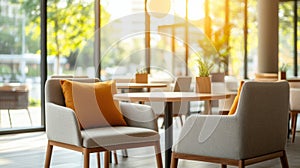Modern cafe with sleek design and large windows providing natural light. Generattive AI Illustration. photo