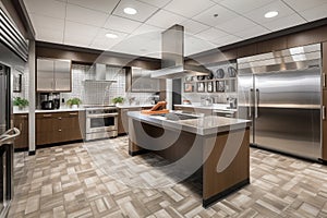 modern cafeteria kitchen with sleek stainless-steel appliances and contemporary decor
