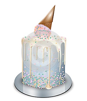 Modern cake ice cream cone on top Vector realistic. Birthday, anniversary, wedding royal desserts