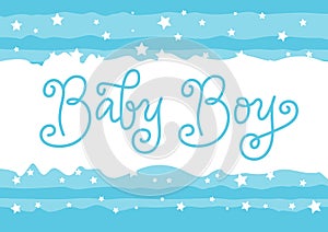 Modern calligraphy lettering of Baby Boy in blue in monoline style on white blue background with stars