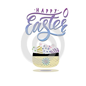 Modern calligraphy text Happy Easter with basket of colorful eggs