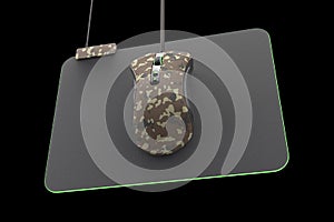 Modern camouflage gaming mouse on professional pad on black with clipping path