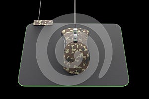 Modern camouflage gaming mouse on professional pad on black with clipping path