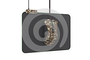 Modern camouflage gaming mouse on professional pad on white with clipping path
