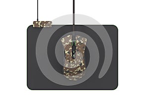 Modern camouflage gaming mouse on professional pad on white with clipping path