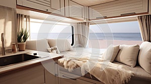 Modern camper van with a cozy interior and beautiful views of nature from the windows. Concept of mobile living