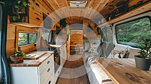 Modern camper van with cozy interior and beautiful views of nature from the windows. Concept of mobile living, adventure