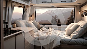 Modern camper van interior with a cozy interior and beautiful views of nature from the windows. Concept of mobile living