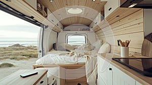 Modern camper van interior with a cozy interior and beautiful views of nature from the windows. Concept of mobile living