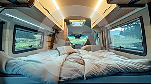 Modern camper van interior with a cozy interior and beautiful views of nature from the windows. Concept of mobile living