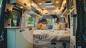 Modern camper van interior with a cozy interior and beautiful views of nature from the windows. Concept of mobile living