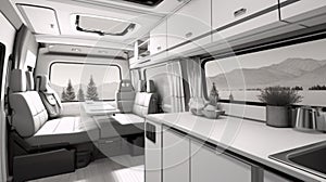 Modern camper van interior with a cozy interior. Concept of mobile living, adventure travel, road trips, and nature