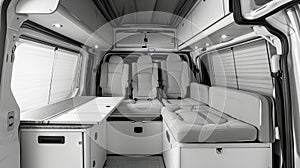 Modern camper van interior with a cozy interior. Concept of mobile living, adventure travel, road trips, and nature