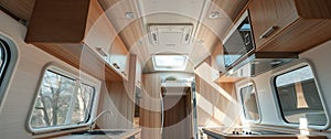 Modern camper van interior with sunlight streaming through windows. Light wood cabinets and appliances create a bright, airy space