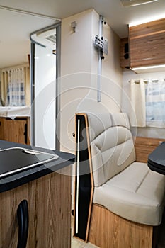 Modern camper Vehicle interior view of motorhome rv