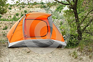 Modern camping tent near tree in