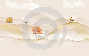 modern canvas art mural wallpaper landscape background. golden curvy lines, with clouds, deer, and trees. 3d frame wall art.