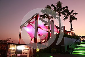 Modern canvas roof structure in twilight sky