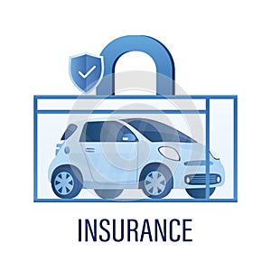 Modern car in closed glass box. Insurance concept banner. Security shield. Reliable protection, full coverage insurance.