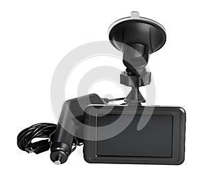 Modern car dashboard camera with suction mount and charger on white background