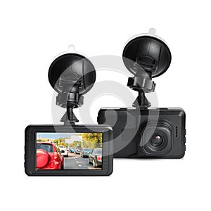 Modern car dashboard cameras on white background in collage, one with photo of road