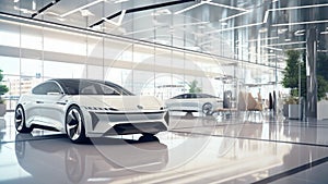 A Modern car dealership interior with a clean white backdrop car showroom wall mockup HD 1920*1080