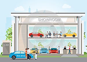 Modern car dealership showroom with reception customer service. photo