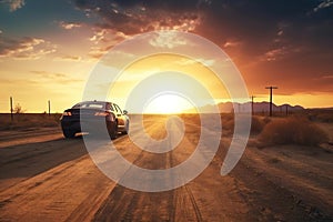 Modern car fast drive on dirt road at sunset, travel, destination scenics