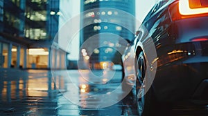 A modern car in front of office building with a blurred background, Generative AI
