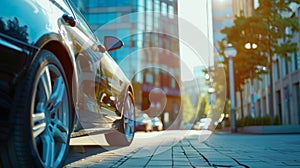 A modern car in front of office building with a blurred background, Generative AI