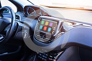 Modern car infotainment system with phone, messages, music, navigation, journey apps