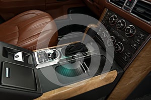 Modern car interior. Automatic transmission gear shift.