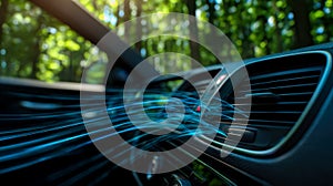 Modern car interior with digital airflow visualization on dashboard